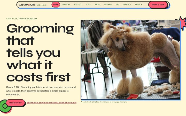 The Clover & Clip Grooming front-end