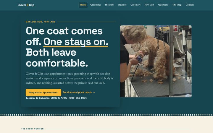 The Clover & Clip Pet Grooming front-end