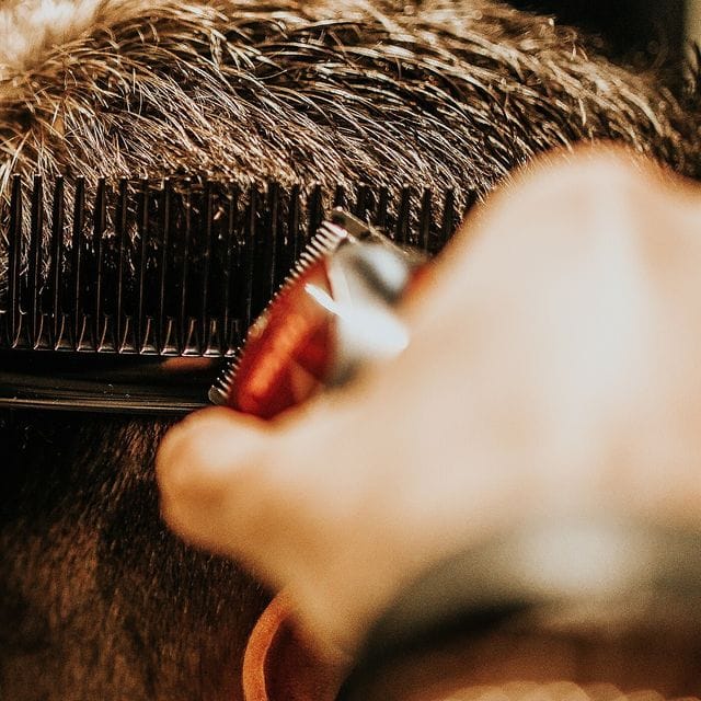 A closer crop of the same cut: the teeth of the comb lifting the hair while the clipper blade trims just below it.
