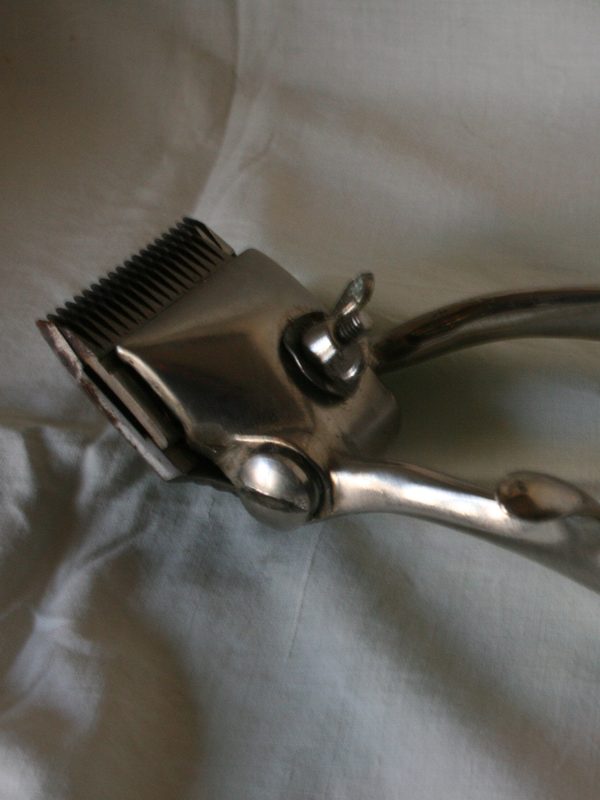 An antique hand clipper resting on cloth
