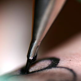Studio detail: a macro photograph of a needle laying a black line.