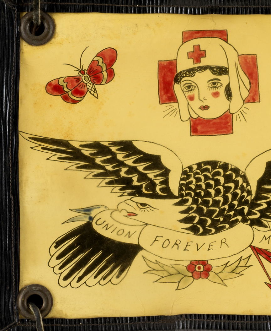 A hand-painted flash sheet: a nurse's head, a kewpie figure and a lettered eagle, drawn in rows.
