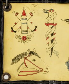 A hand-painted flash sheet: a lettered dagger, a winged propeller, a horse's head and crossed flags.