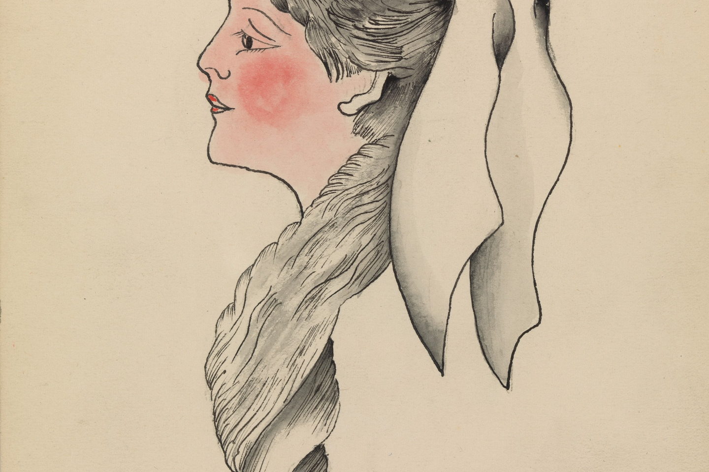 An ink drawing of a woman in profile, her hair drawn in long fine strokes beneath a falling veil, on cream paper.