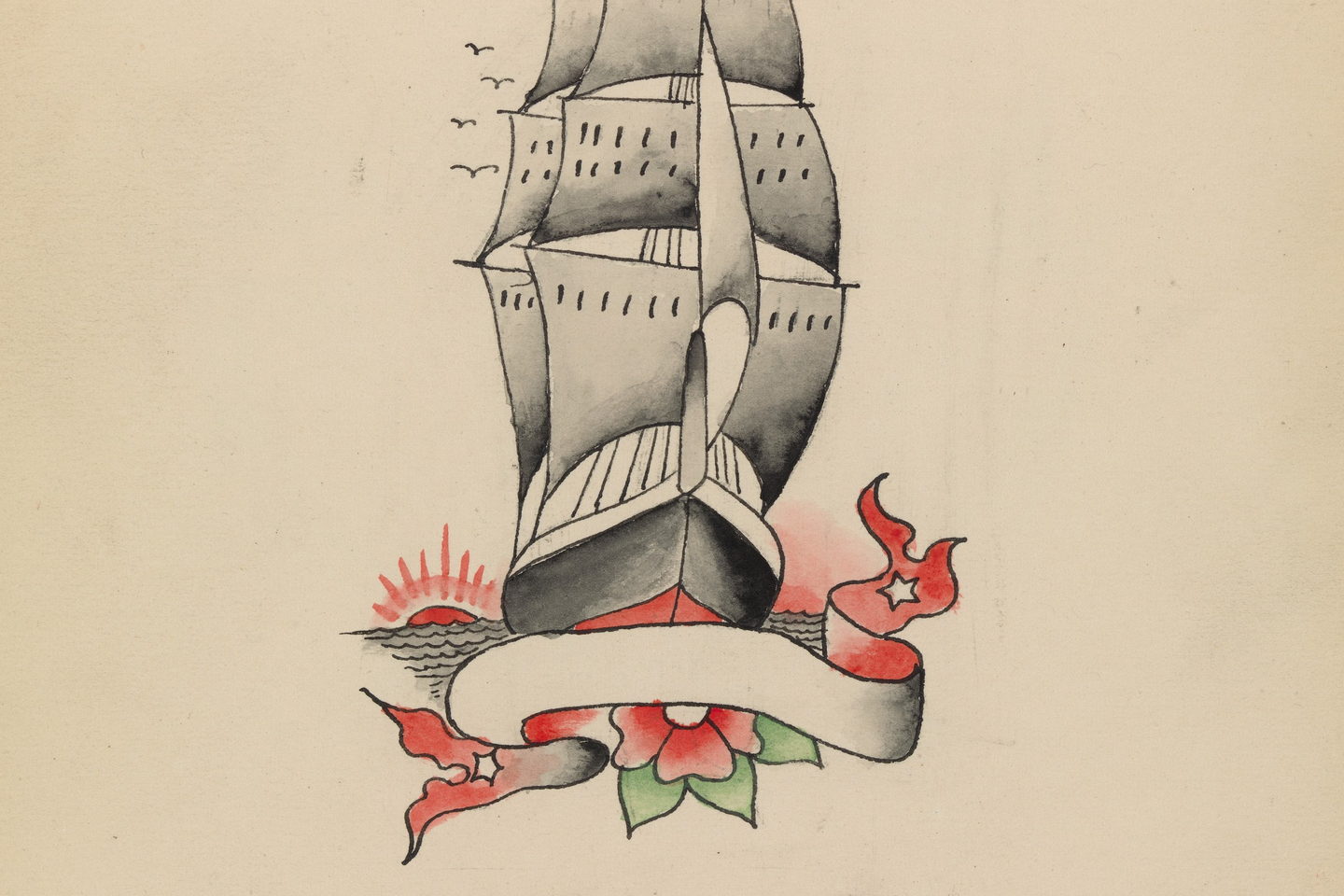 An ink and wash drawing of a three masted ship in full sail above an empty banner, on cream paper.
