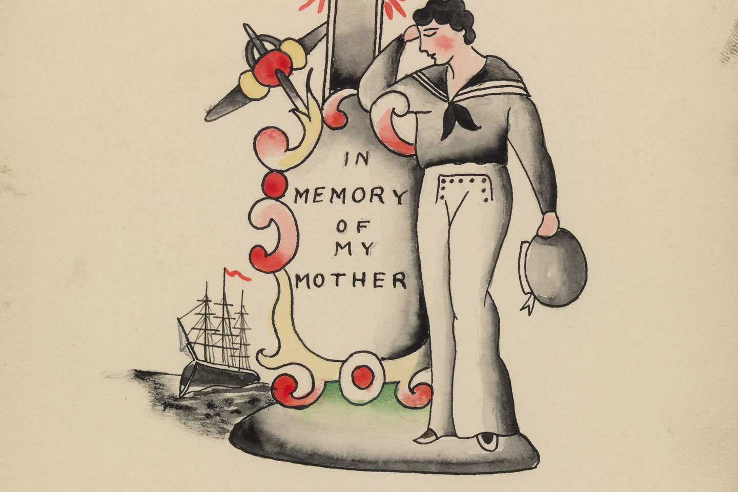 An ink and wash drawing of a sailor standing bareheaded beside a lettered cross, a ship on the water behind him.