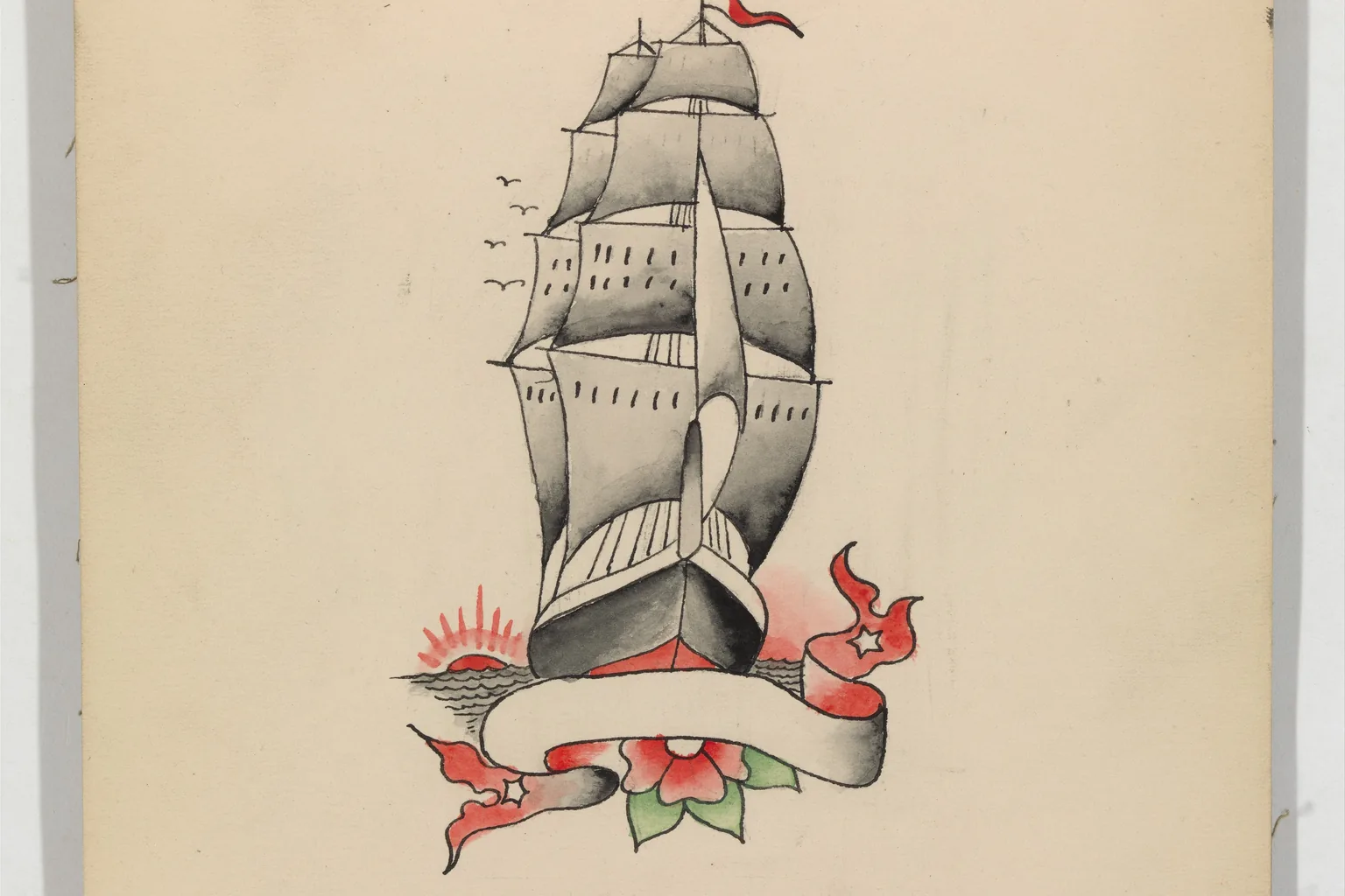 A vintage ship-and-banner flash design on aged paper