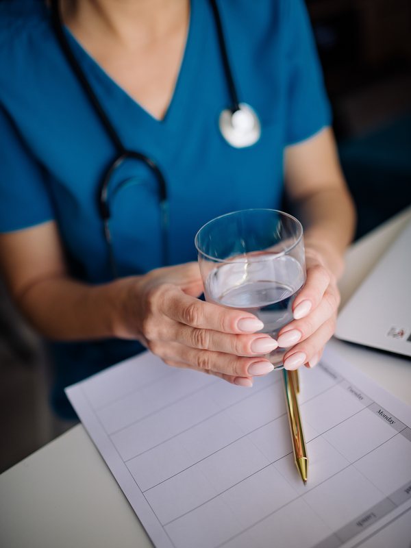 Clinician in teal scrubs holding a glass of water beside treatment notes