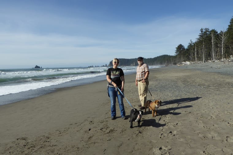 Two people walking two small dogs along a wide sand beach with surf behind them.