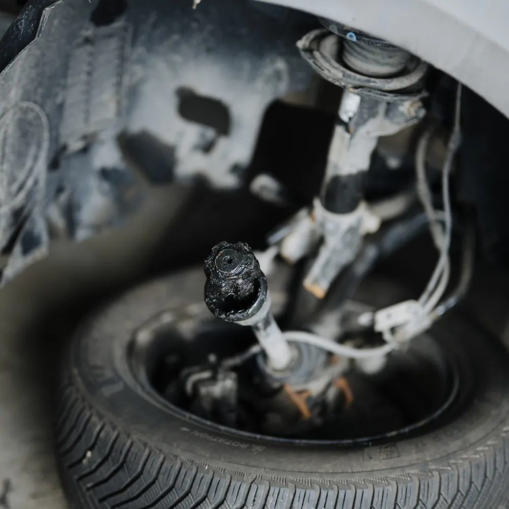 Wheel, tire and suspension strut seen inside a wheel arch