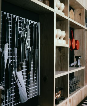 A kitchen designed in 1966 in strong flat colour, photographed for a museum collection. An interior, not a photograph of a member of staff.