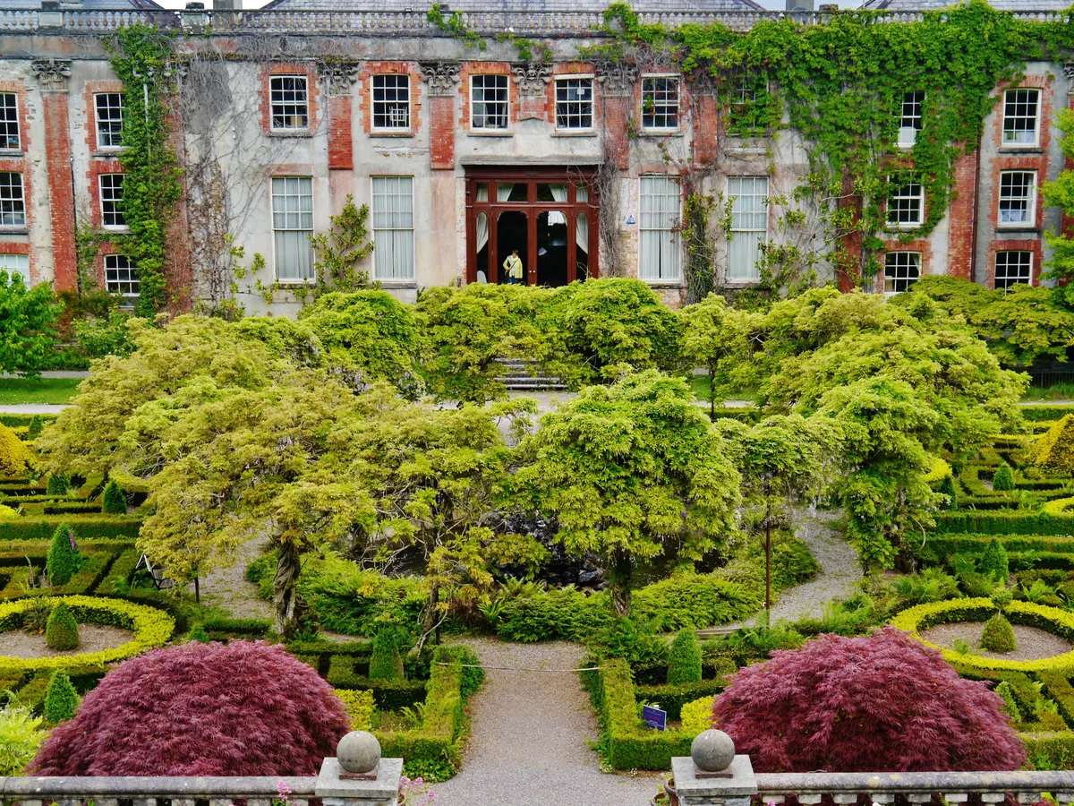 Formal clipped garden in front of a large period house