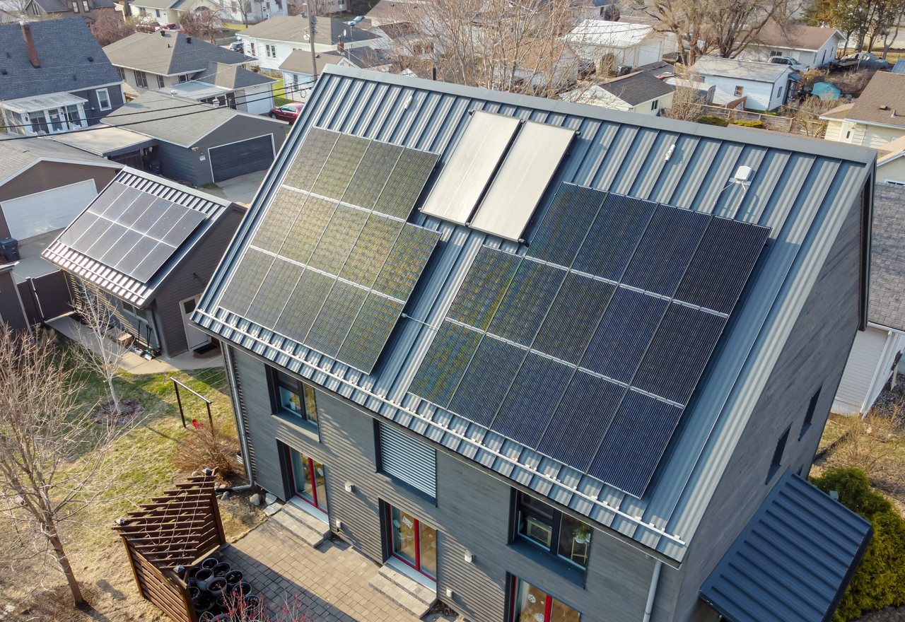 Cedar House — a modern grey passive home with two large roof solar arrays, Fernvale, OR