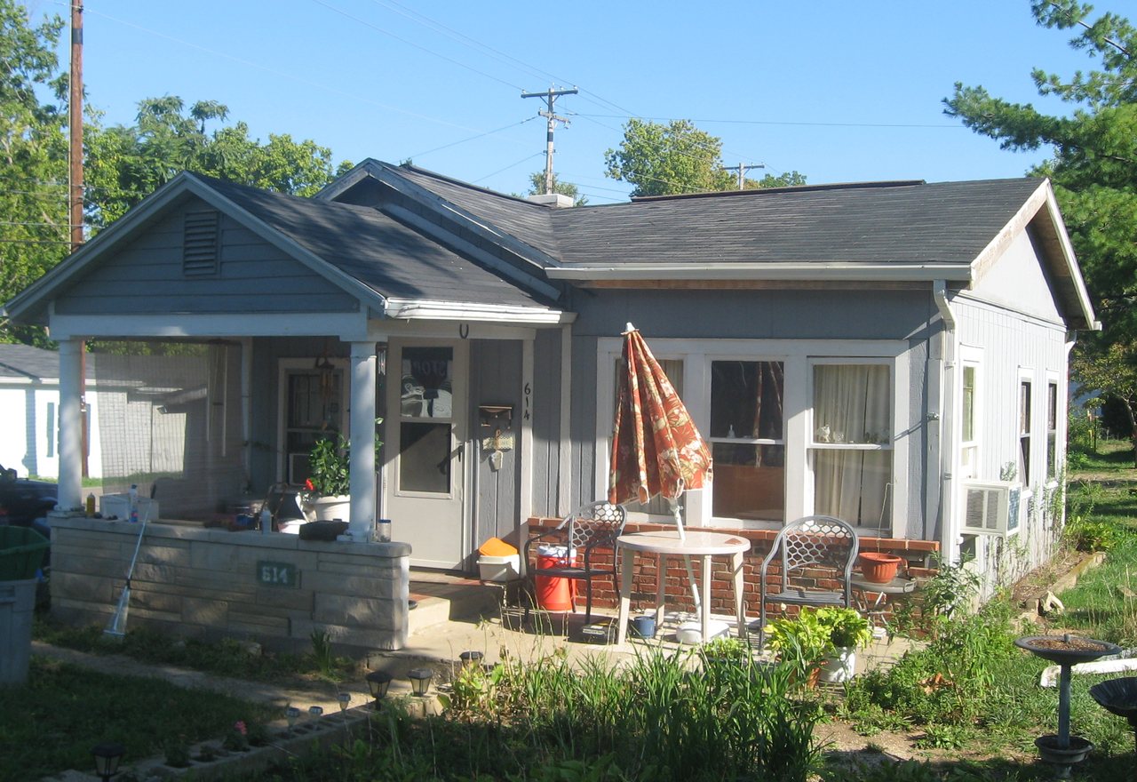 Garden Bungalow — a pale blue bungalow with a covered front porch and a planted garden, Maple Ridge, OR