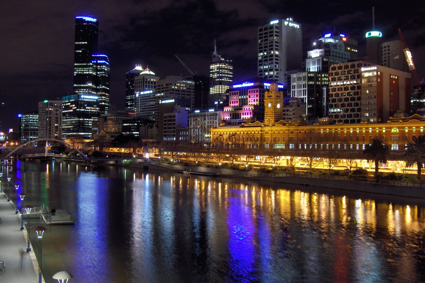 City skyline lit up at night