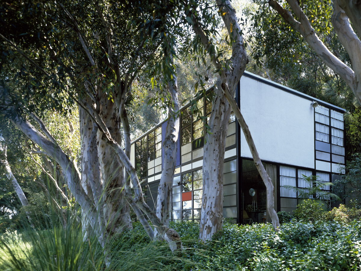 Modernist glass-and-steel house framed by trees