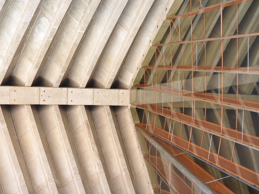 Precast concrete ribs and panels of a modernist facade