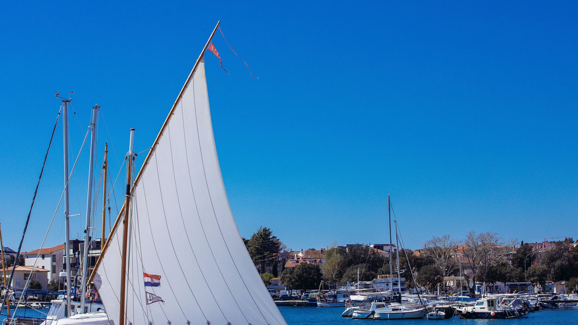 A white lateen sail rising against a clear blue sky, with moored yachts and red-roofed houses along the harbour behind.