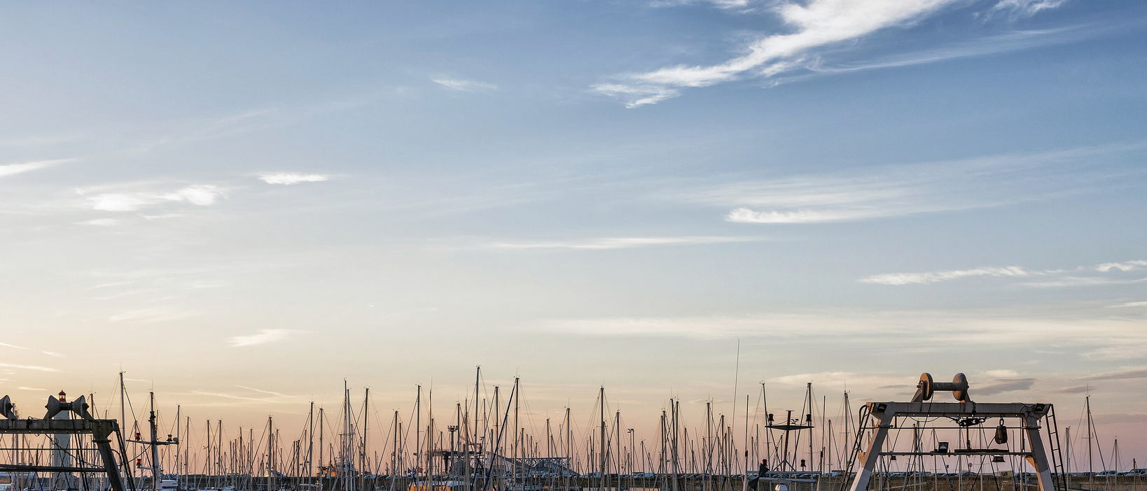 A marina of masts under a pale evening sky, with a boatyard gantry at the right edge