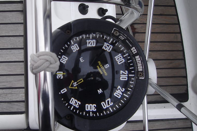 A compass binnacle mounted on a pedestal, photographed close up.