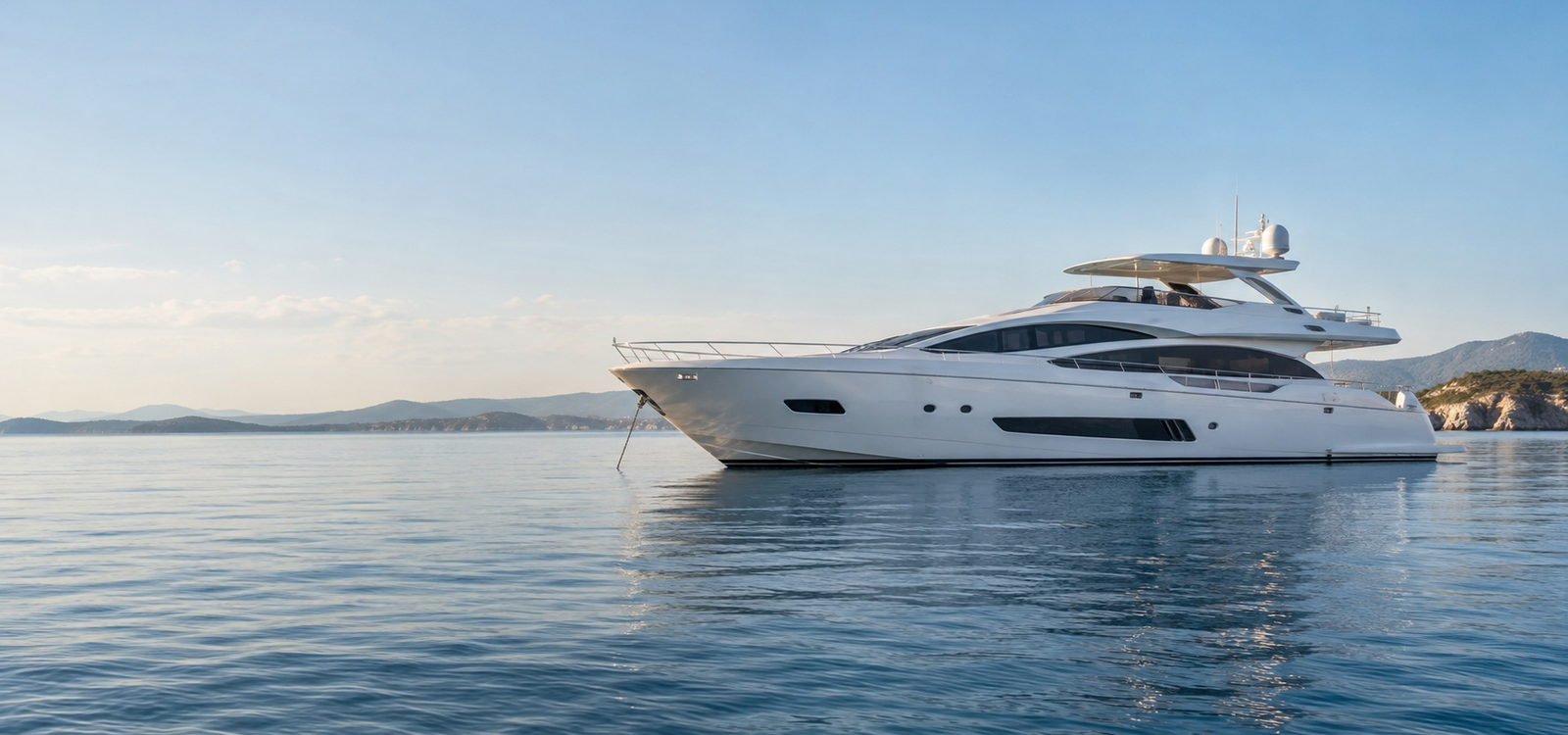 A modern unbranded white motor yacht resting on calm coastal water beneath a broad pale sky.