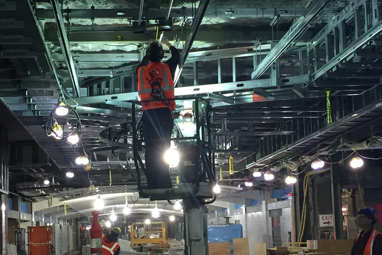 An electrician fixing lighting and containment to a ceiling grid
