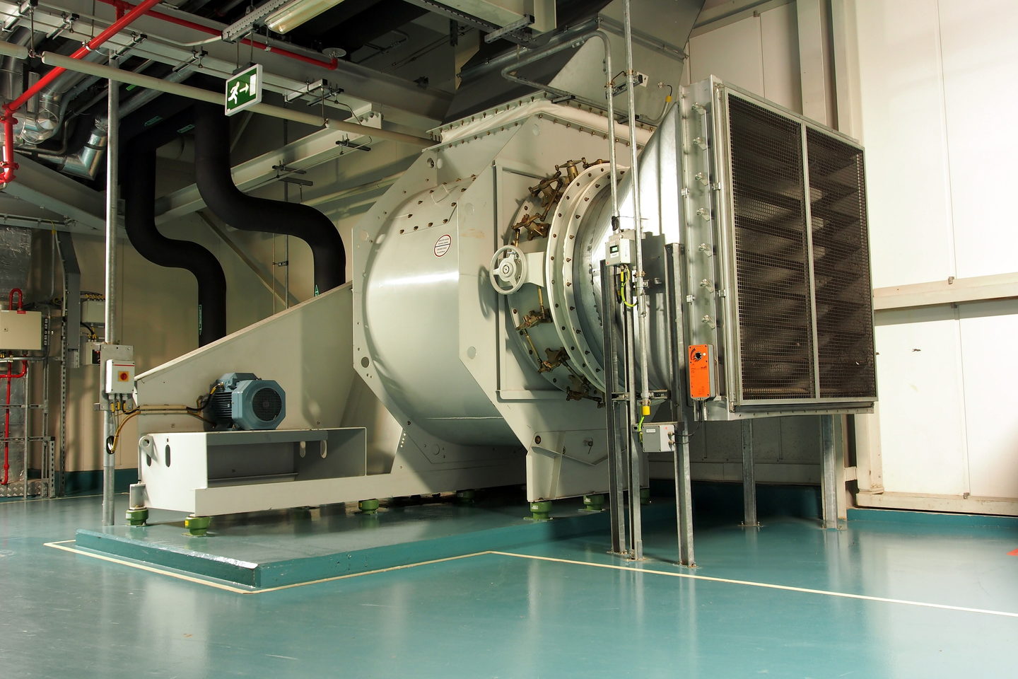 The intake face of a large air handling unit, its filter bank and access panels visible along the side.