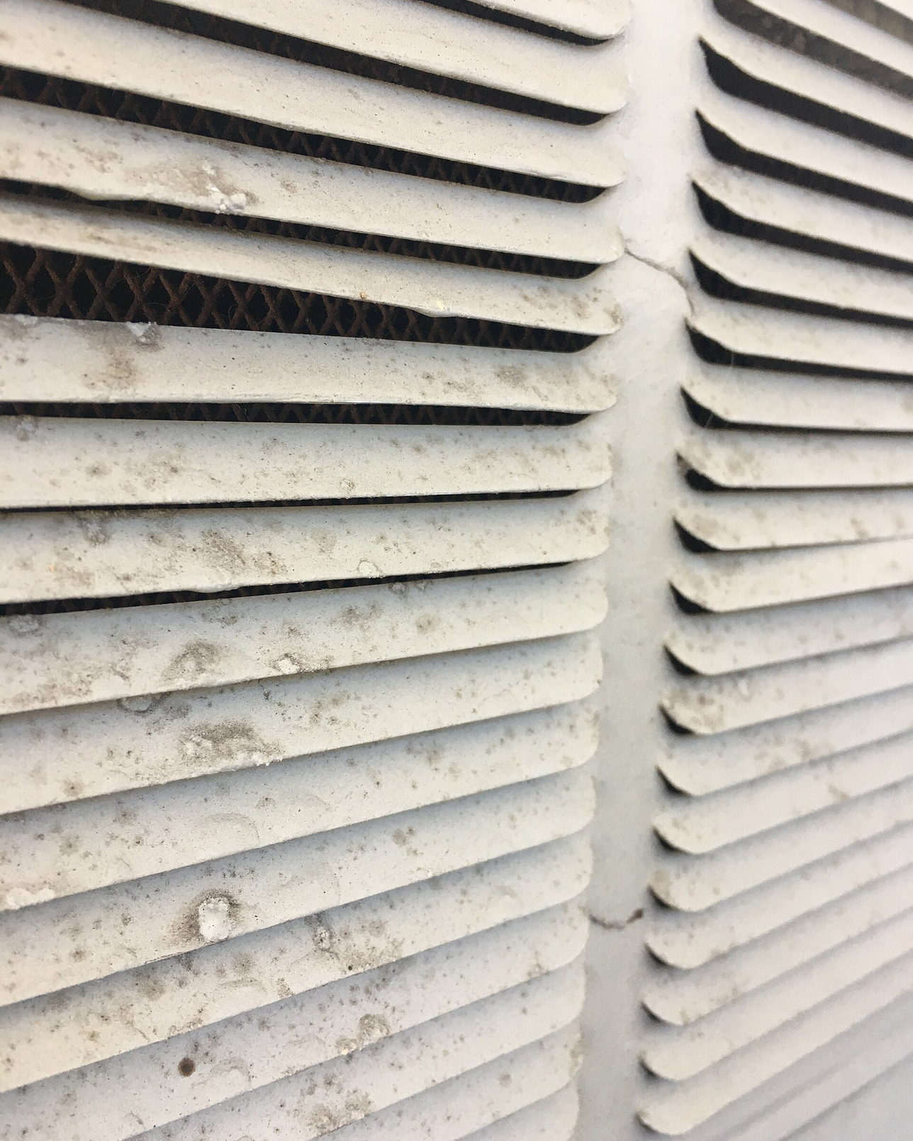 A building vent choked with dust and lint at the face of its grille.