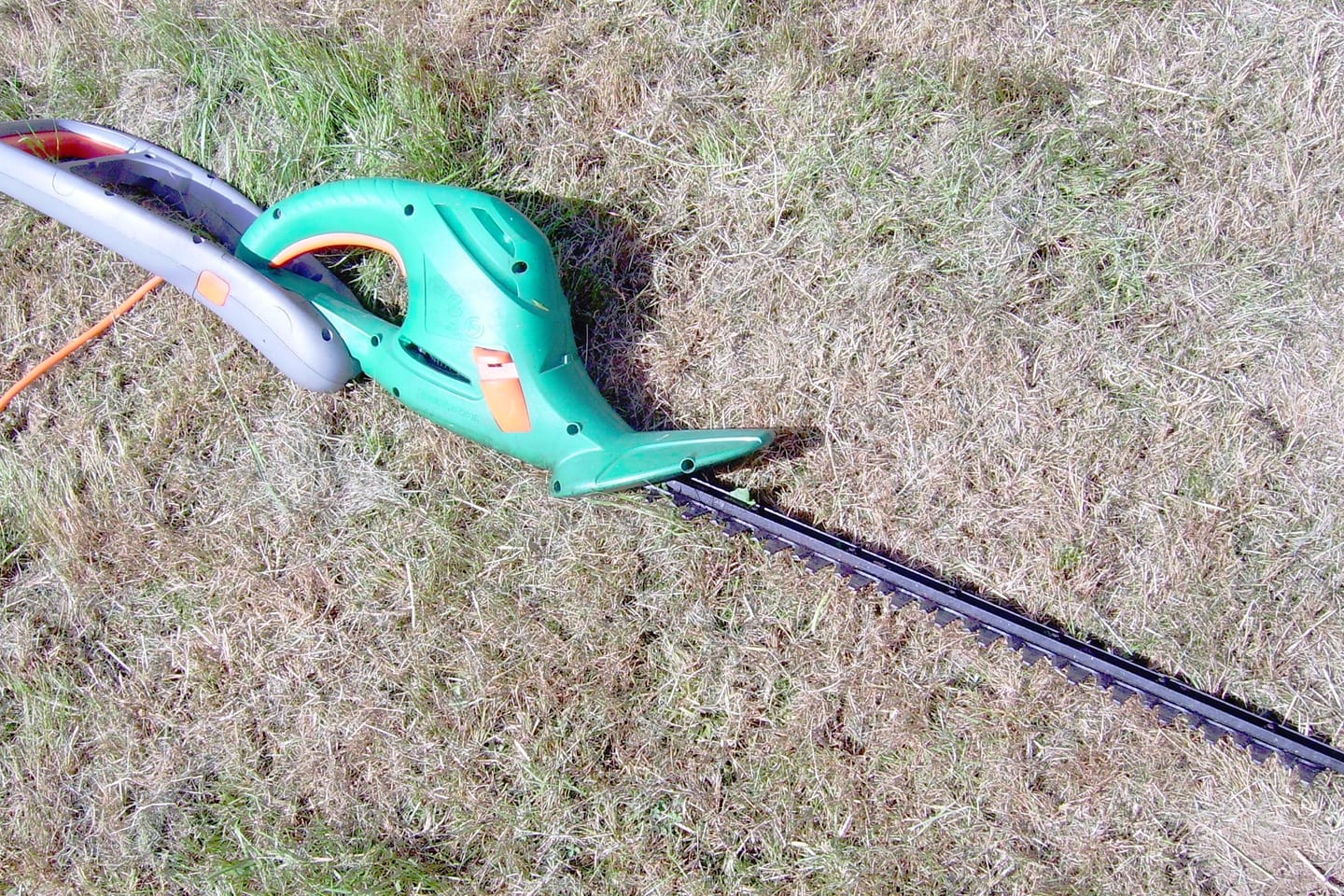 A long-reach powered hedge trimmer laid on dry grass with its blade extended along the ground.