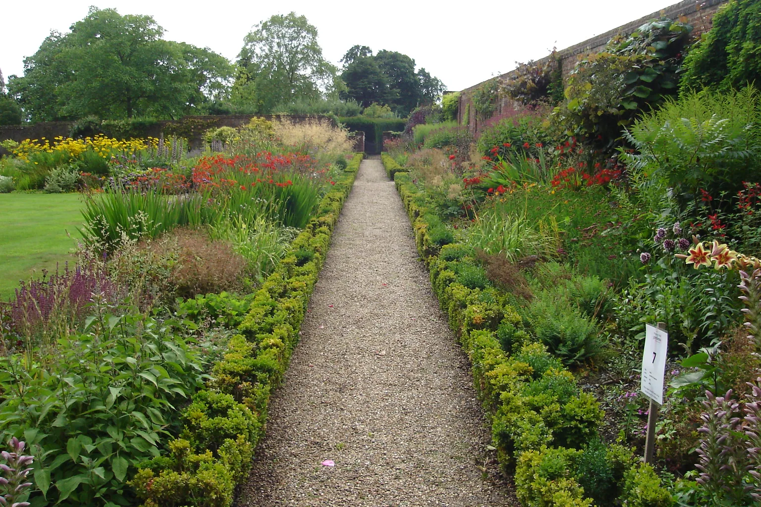 Herbaceous borders flanking a gravel path in a walled garden