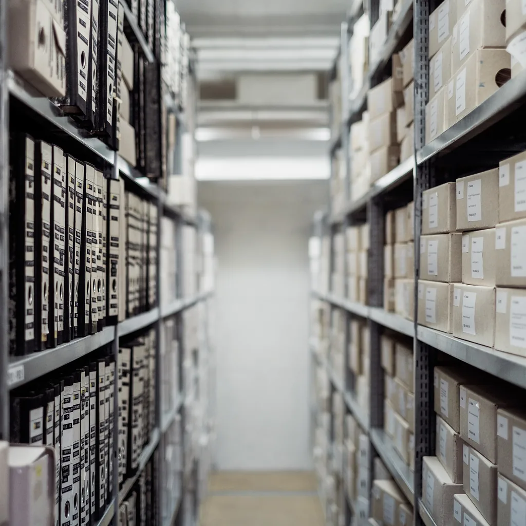 Shelved storage boxes either side of a central aisle