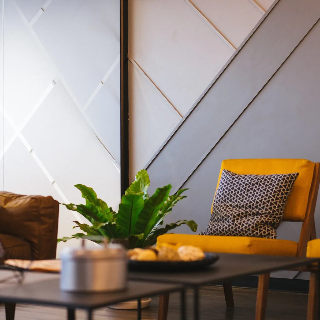 Quiet seating corner ready for a studio conversation