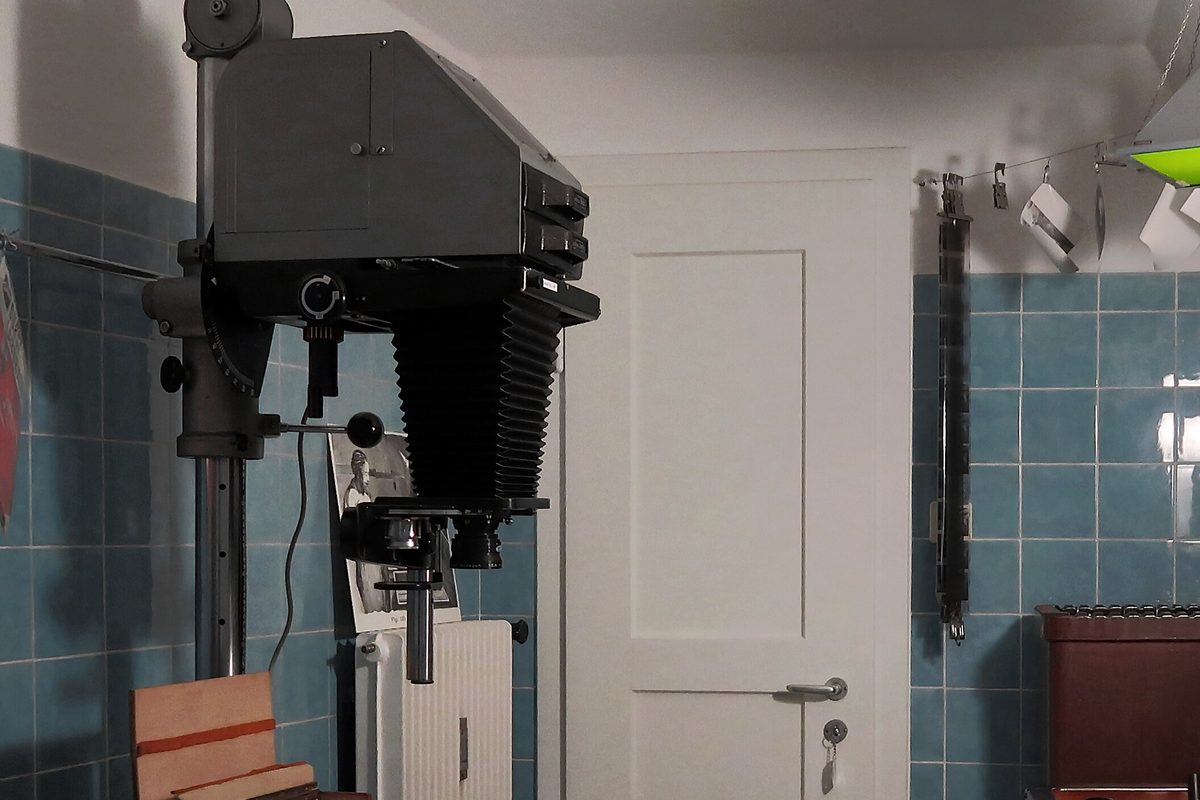 Enlarger and hanging negatives in the darkroom