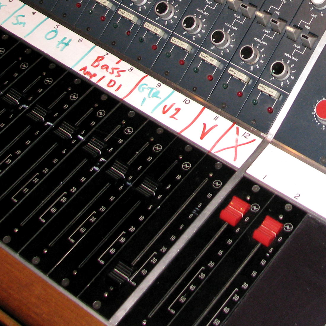 Vintage faders under a handwritten strip of channel names, two of them with red caps.