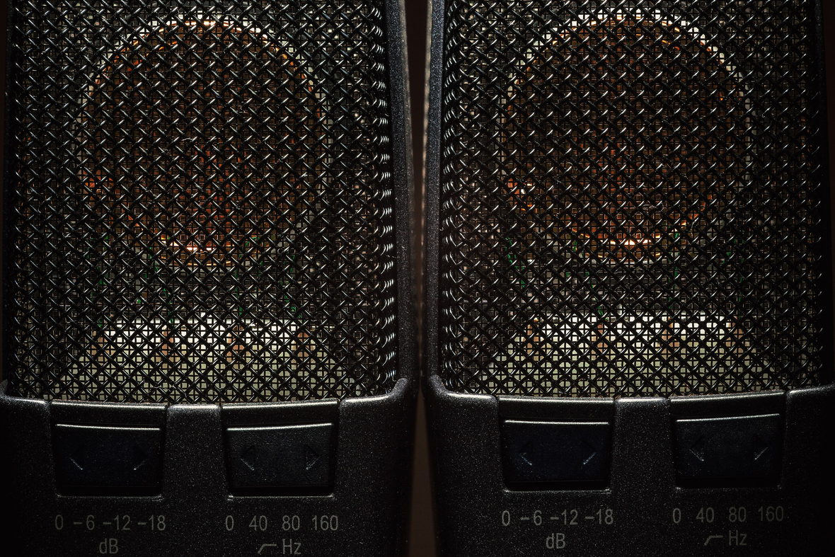A close view of two condenser microphone grilles under warm light.