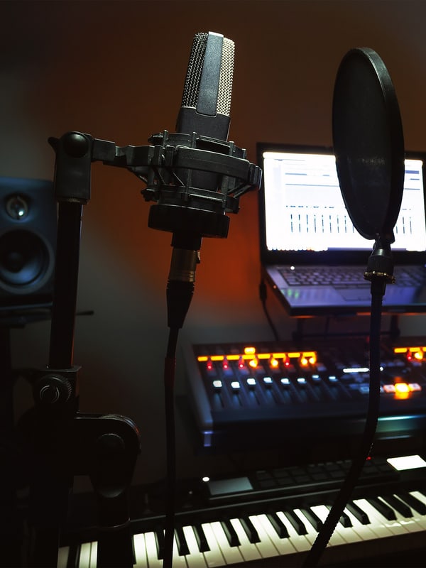 Large-diaphragm condenser microphone on a stand behind a pop filter