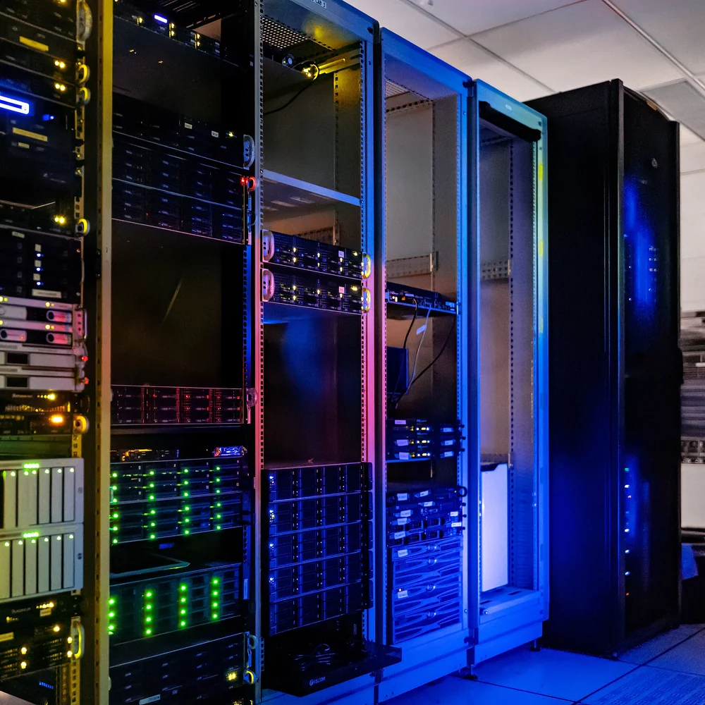 Rows of server cabinets in a data hall